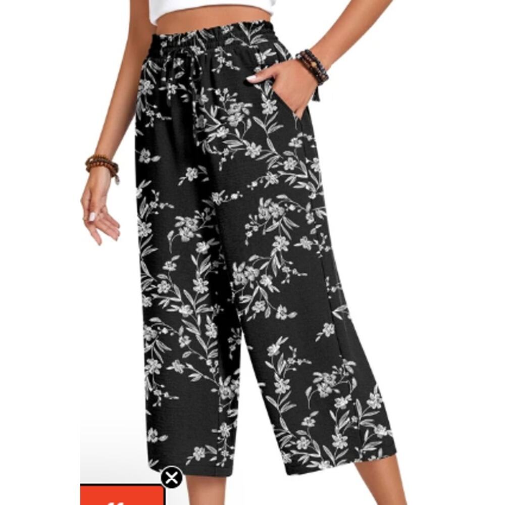 Anyhold Black w/ Floral Print Wide Leg Capri Pants sz 2XL
